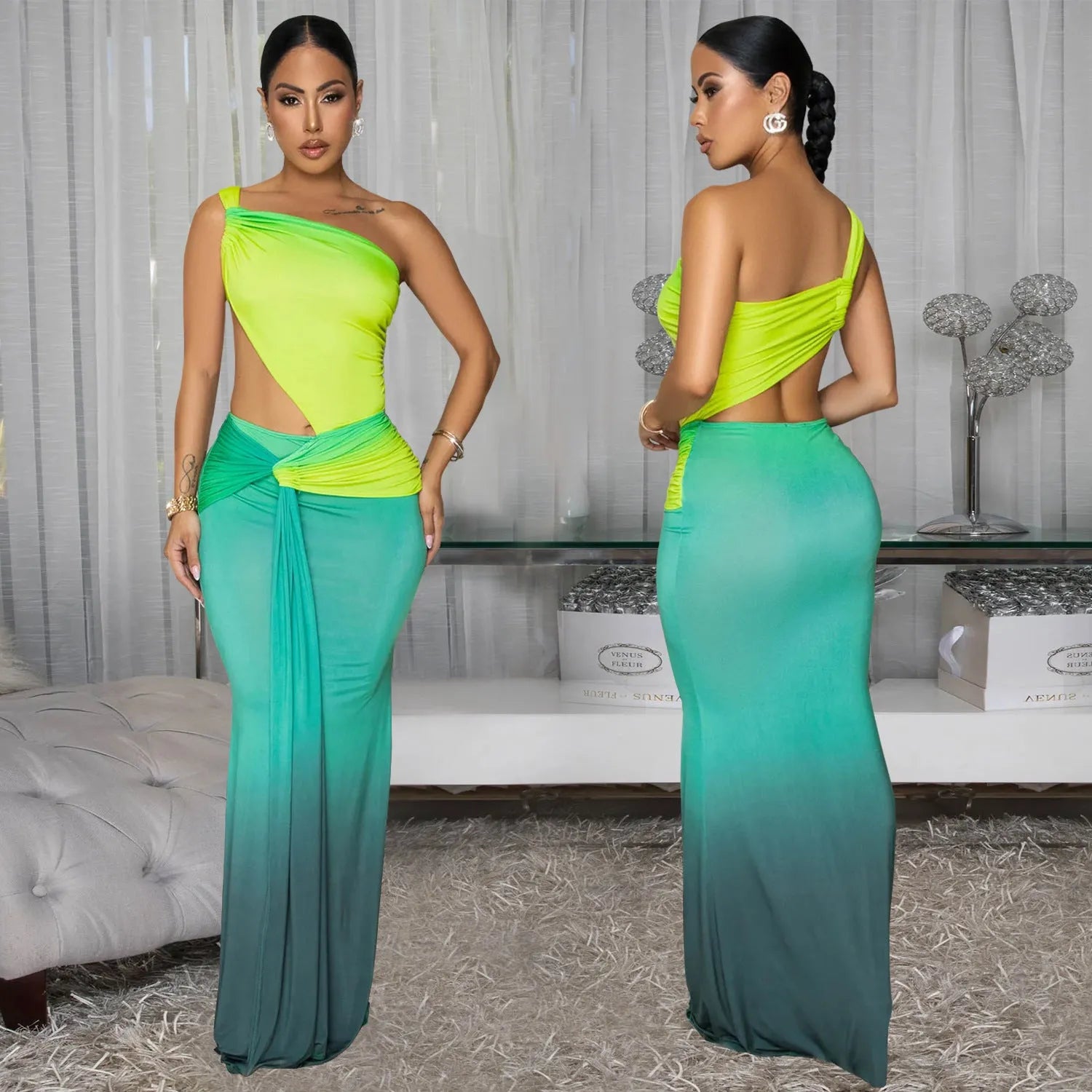 Women's gradient colour cross-shoulder dress with high waist and long skirt in green, red, or brown