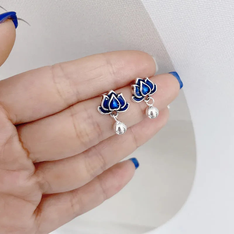Blue Lotus Earrings with 1.2cm width lotus flower design and seedpod tassel detail