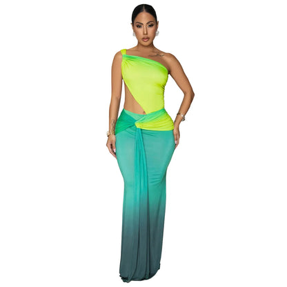 Women's gradient colour cross-shoulder dress with high waist and long skirt in green, red, or brown