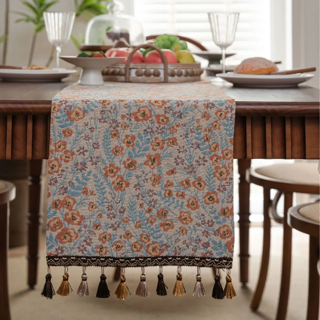 Beige jacquard table runner with long tassels and floral patterns, sizes 33x120cm to 33x400cm