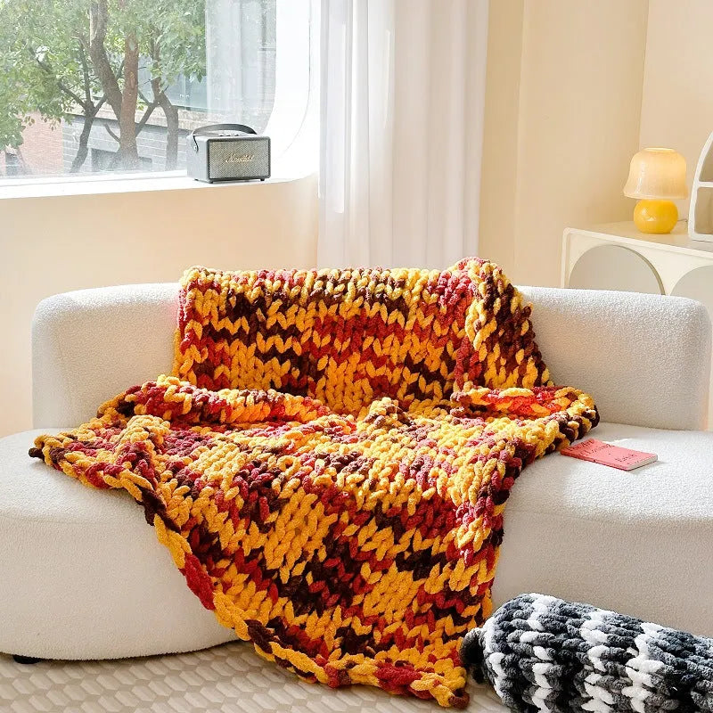 Thick Ice Bar section-dyed striped chenille blanket in caramel mango colour showing 130x170cm dimensions