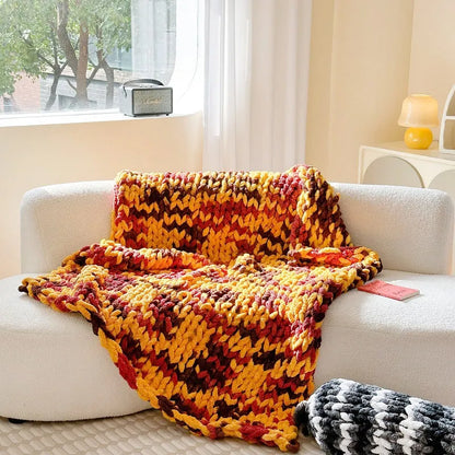 Thick Ice Bar section-dyed striped chenille blanket in caramel mango colour showing 130x170cm dimensions