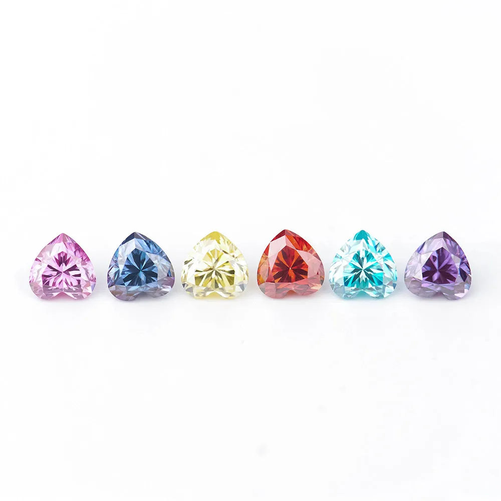 Heart-shaped moissanite stones in multiple colours and sizes for jewellery making