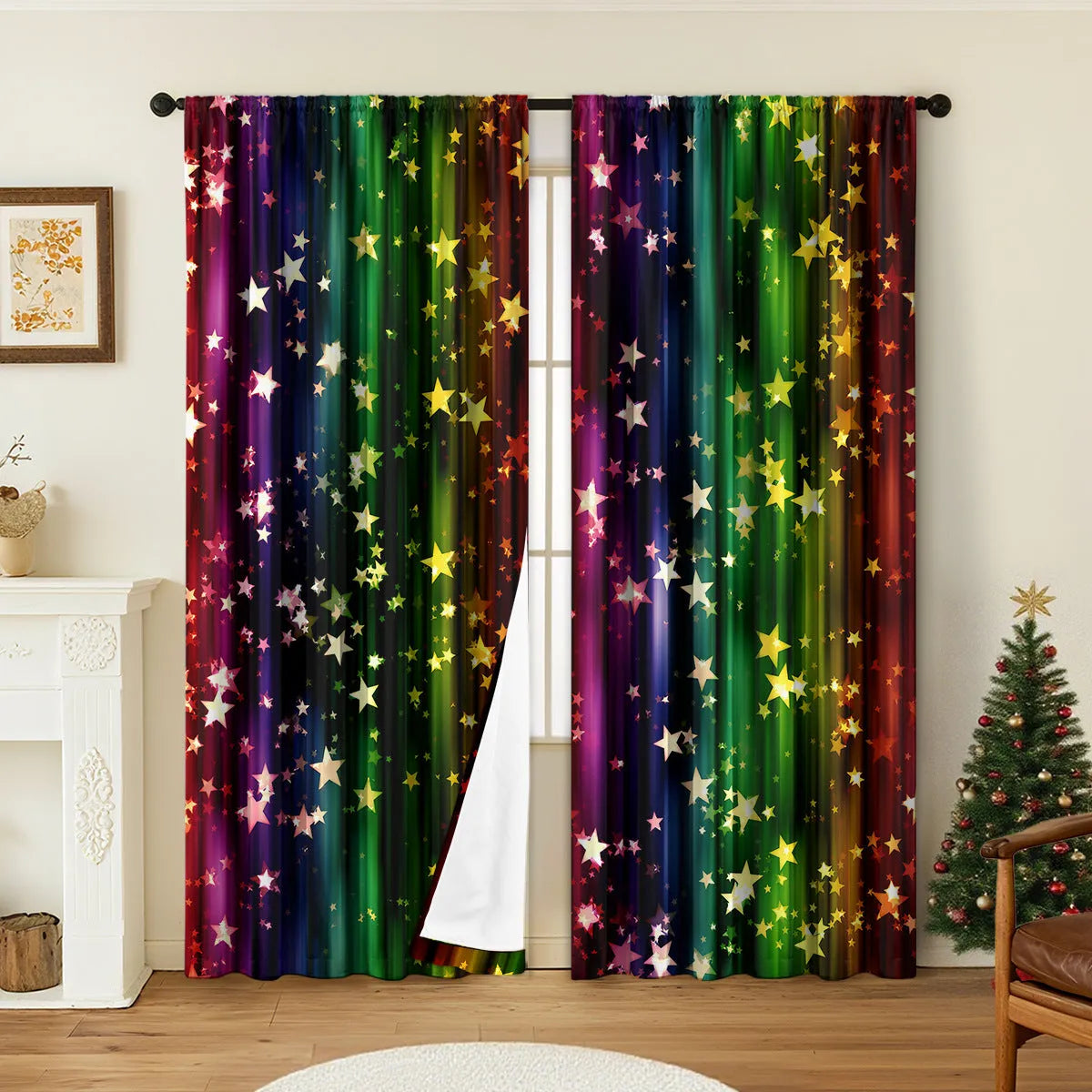 Pair of 3D digitally printed Christmas pattern curtains hung on a window.
