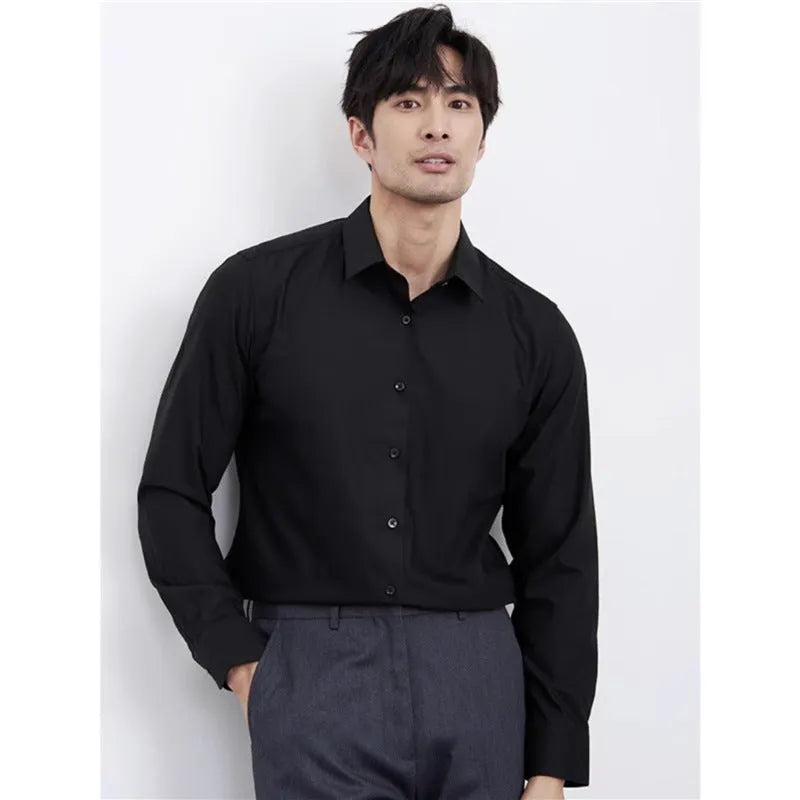 Men's wine red slim fit long sleeve shirt with non-iron treatment on a hanger.