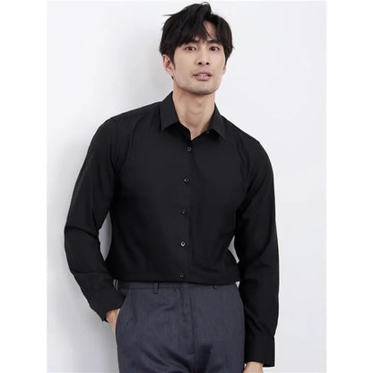 Men's wine red slim fit long sleeve shirt with non-iron treatment on a hanger.