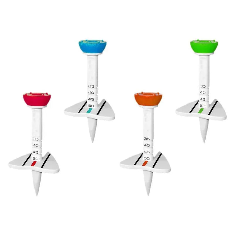 Golf tee ball nail holder in silicone reinforced plastic with aiming direction marker, shown in red, green, blue, or orange