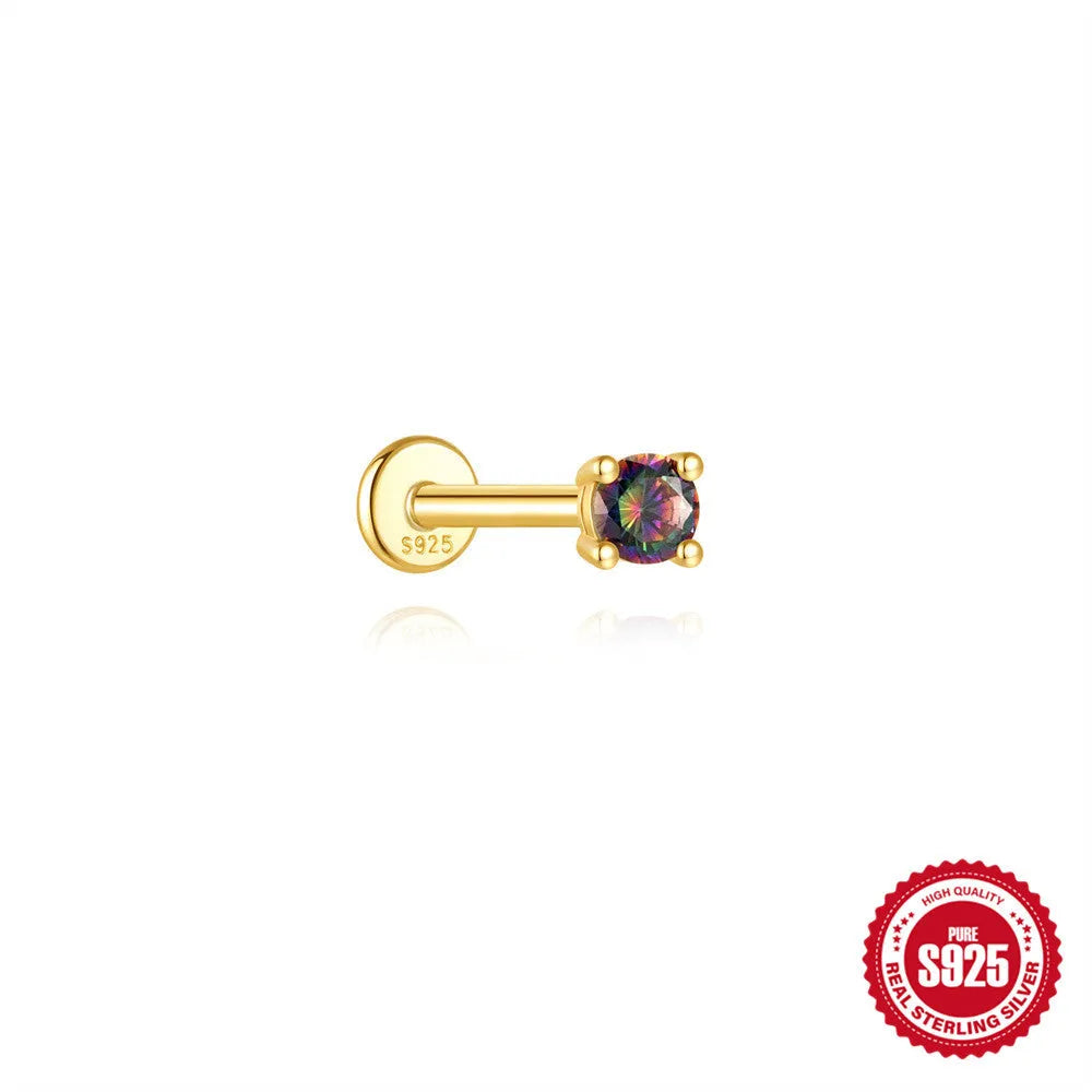 S925 sterling silver flat head thread piercing earring with super shiny rainbow stone, gold colour.
