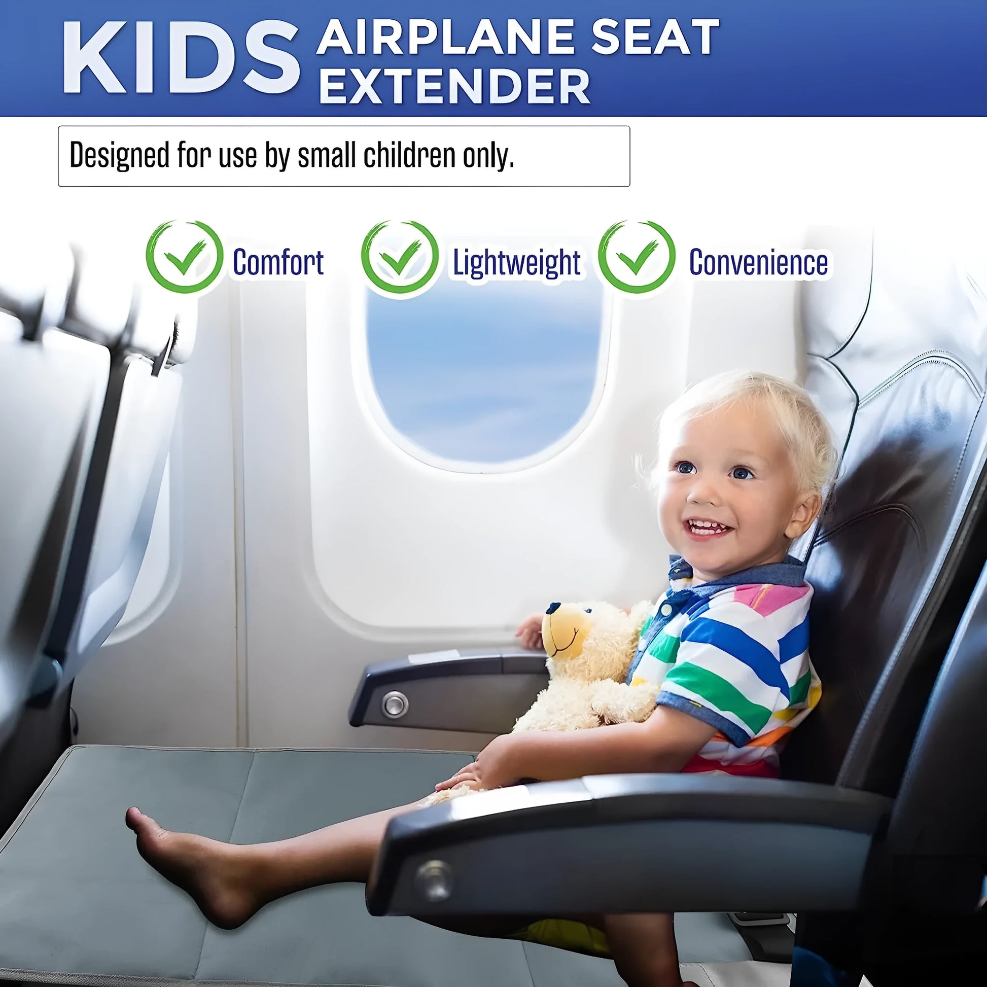 Portable blue children's aircraft seat extender kit with drawstring storage pocket.