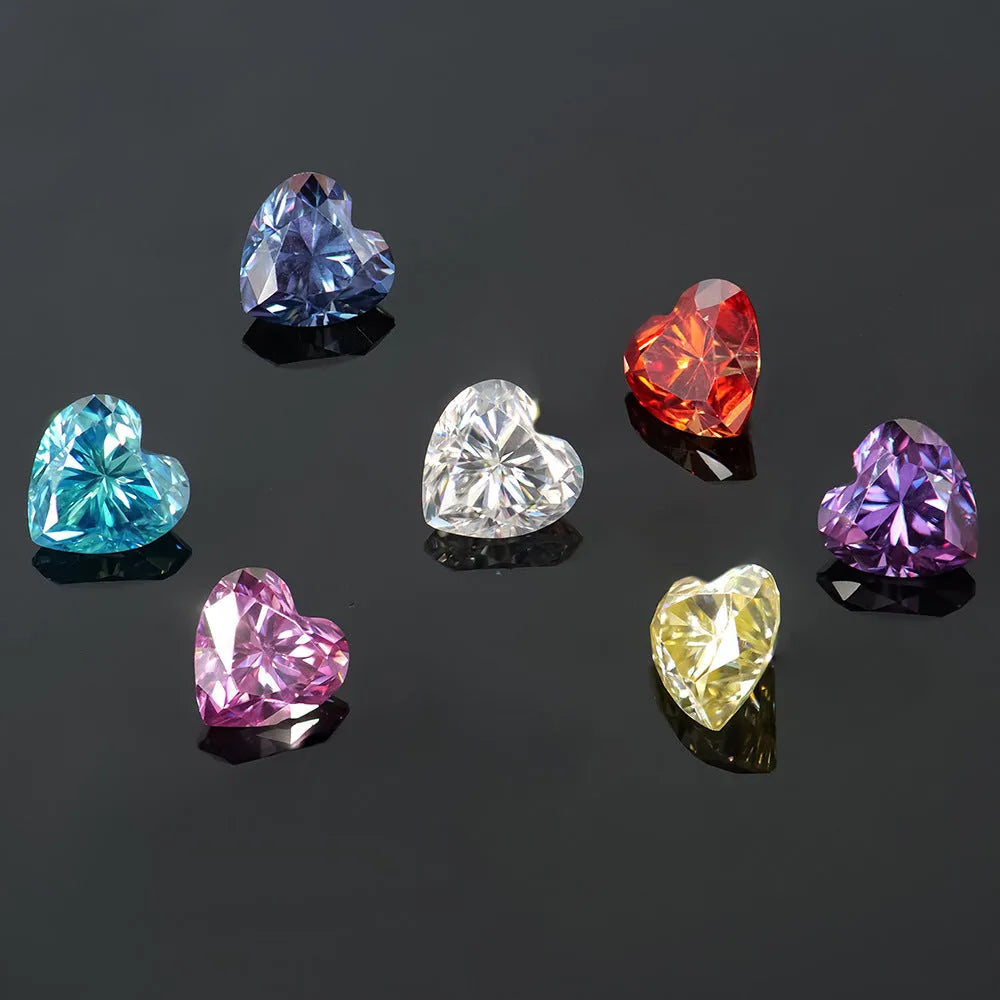 Heart-shaped moissanite stones in multiple colours and sizes for jewellery making