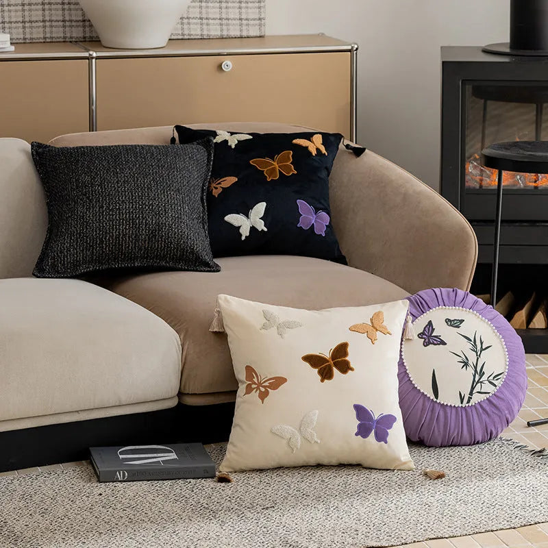 45x45cm square couch pillow with Chinese-style butterfly embroidery in beige colour
