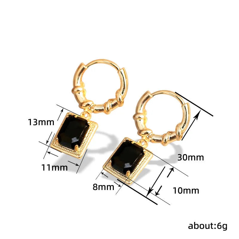 French Court Retro Black Zircon Earrings with quadrilateral geometric shape and copper construction