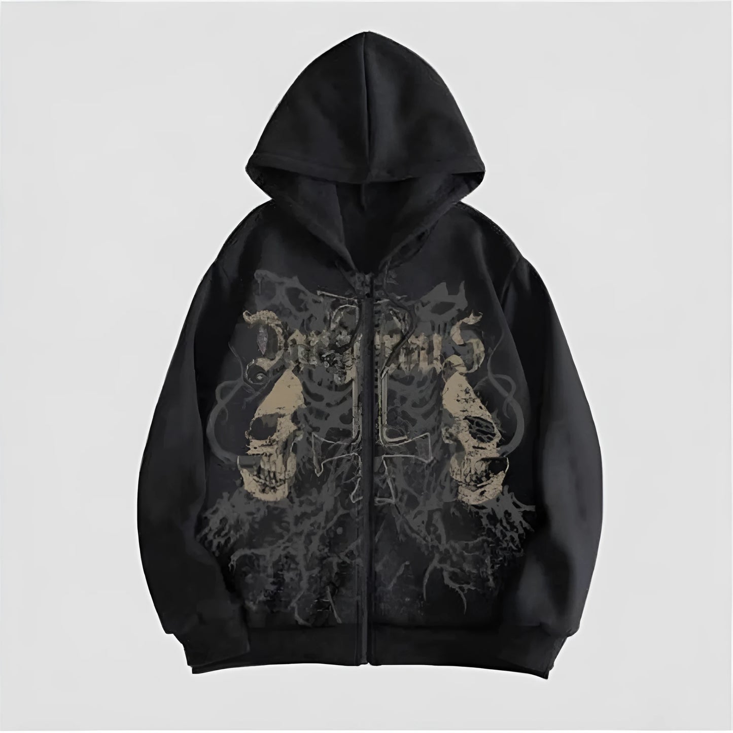 Men's black hooded sweatshirt with a white hot stamp skull design on the front, long sleeves.