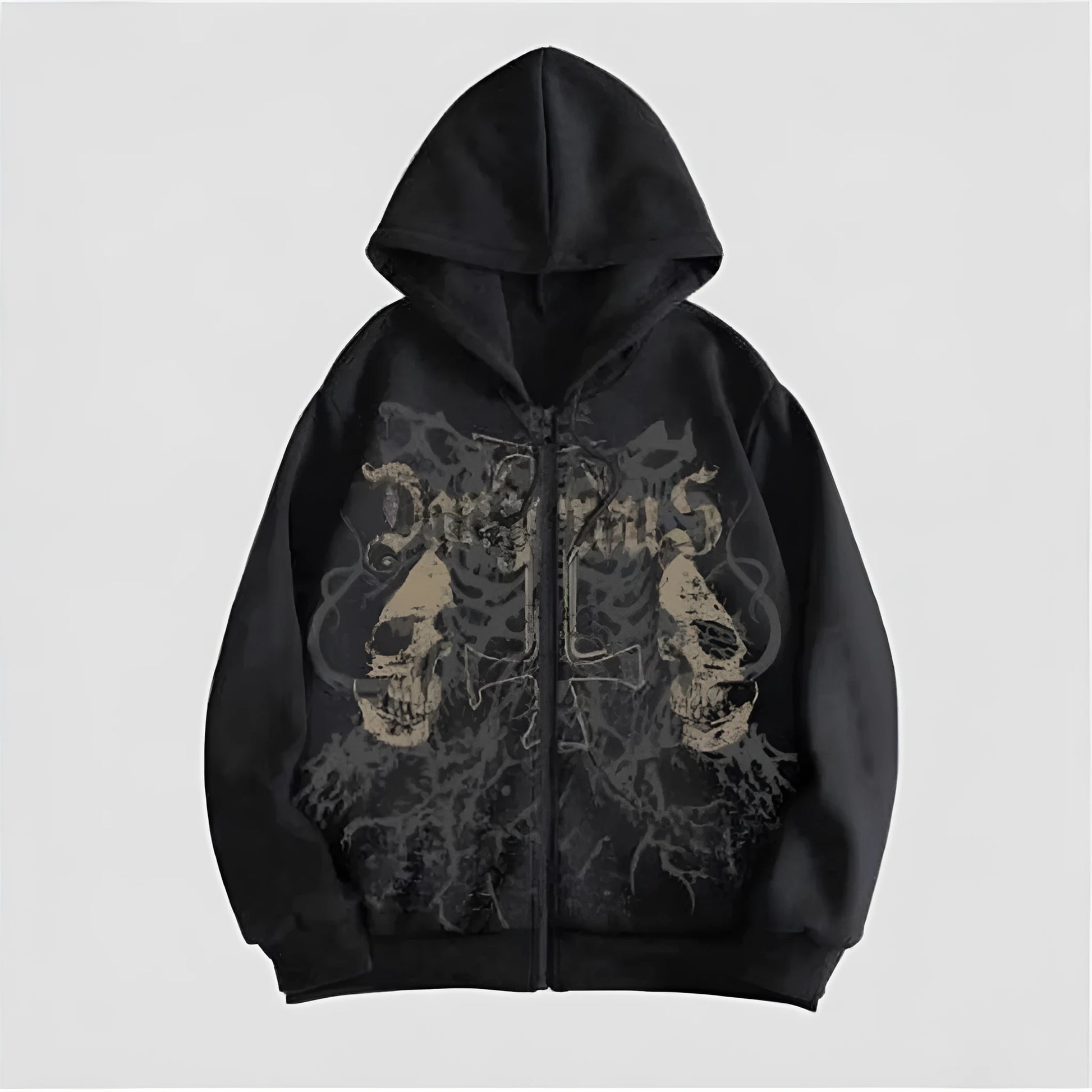 Men's black hooded sweatshirt with a white hot stamp skull design on the front, long sleeves.