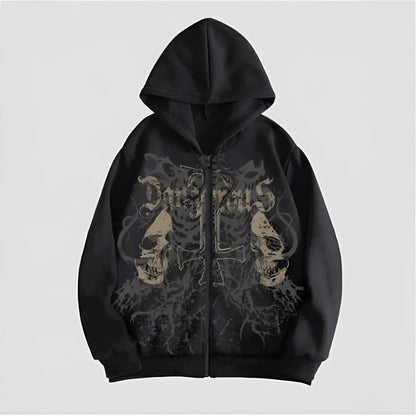 Men's black hooded sweatshirt with a white hot stamp skull design on the front, long sleeves.