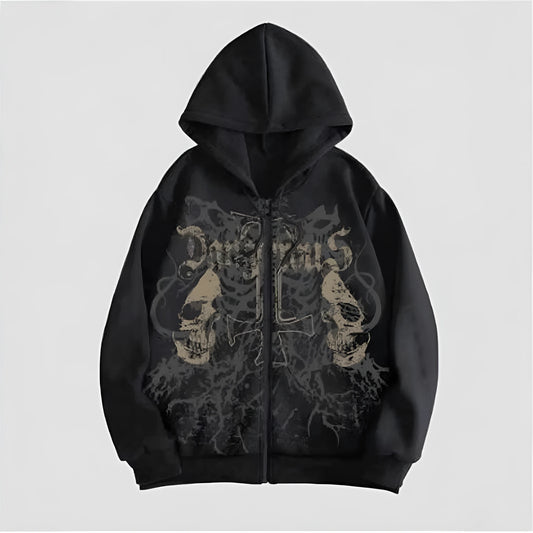 Men's black hooded sweatshirt with a white hot stamp skull design on the front, long sleeves.