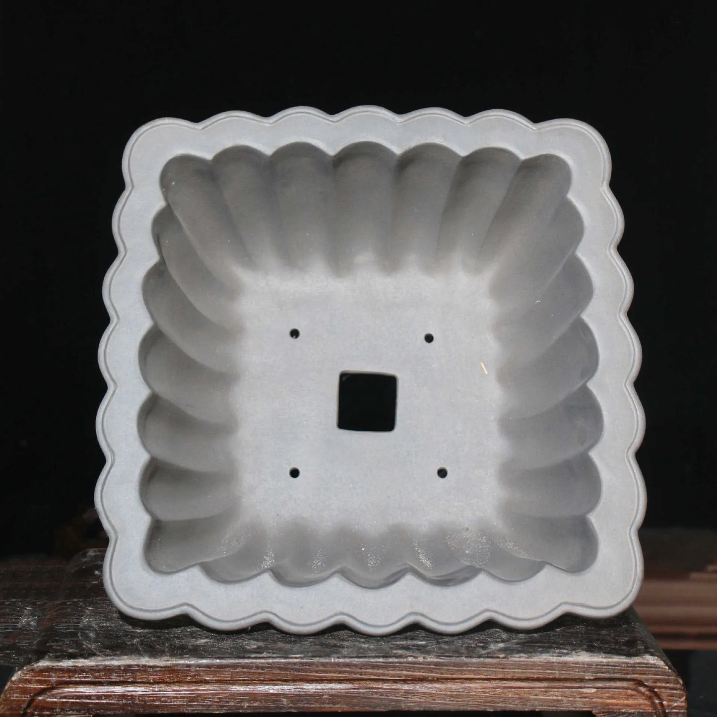 Square purple sand ceramic bonsai pot with 37cm diameter on desktop with small plant