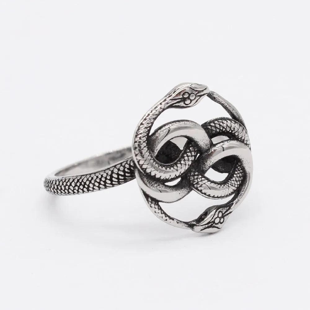 Titanium steel double snake ring in steel colour with retro design, shown on a finger.