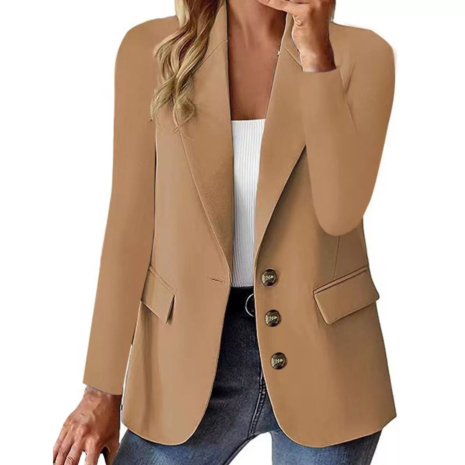 Women's long-sleeved polyester blazer in solid colors for office and casual wear