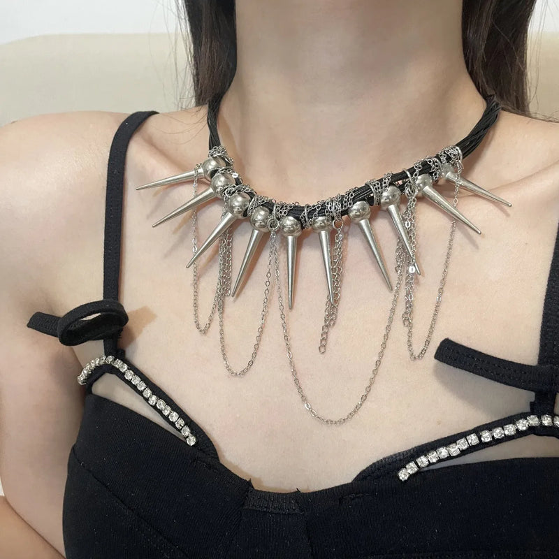 Rivet round beads winding tassel necklace made of leather for women, featuring electroplated metallic rivet accents in a casual style with a picture colour finish suitable for everyday wear.