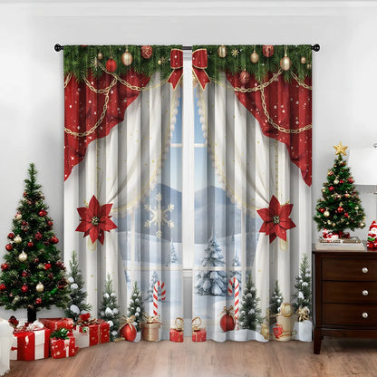 Pair of 3D digitally printed Christmas pattern curtains hung on a window.