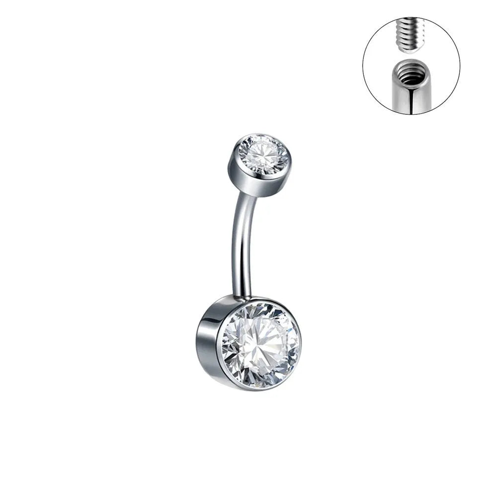 Titanium alloy double-headed navel stud with zircon stones in various colours and lengths.