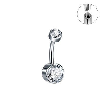 Titanium alloy double-headed navel stud with zircon stones in various colours and lengths.