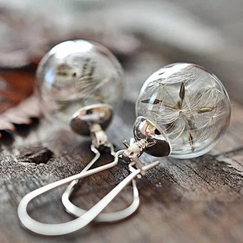 Transparent glass ball earrings with dandelion seed design, available in 16mm size for classic French hook wear, with a choice of silver, bronze, or dandelion-filled colour options.