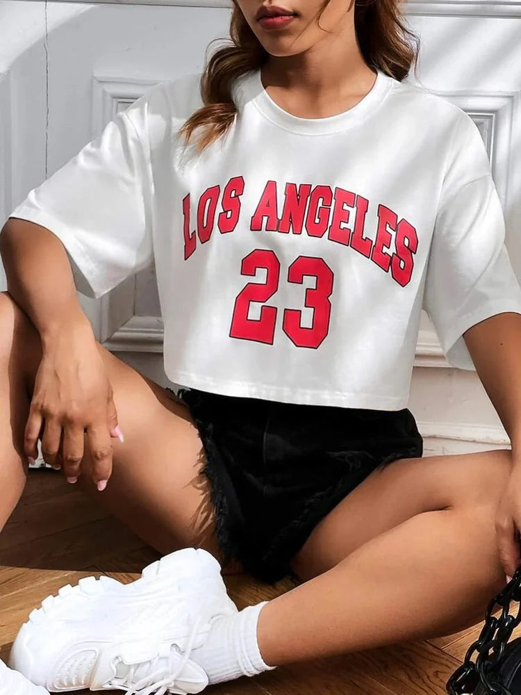 Personalised English letters summer t-shirt with exposed navel design in black or white with custom text printing