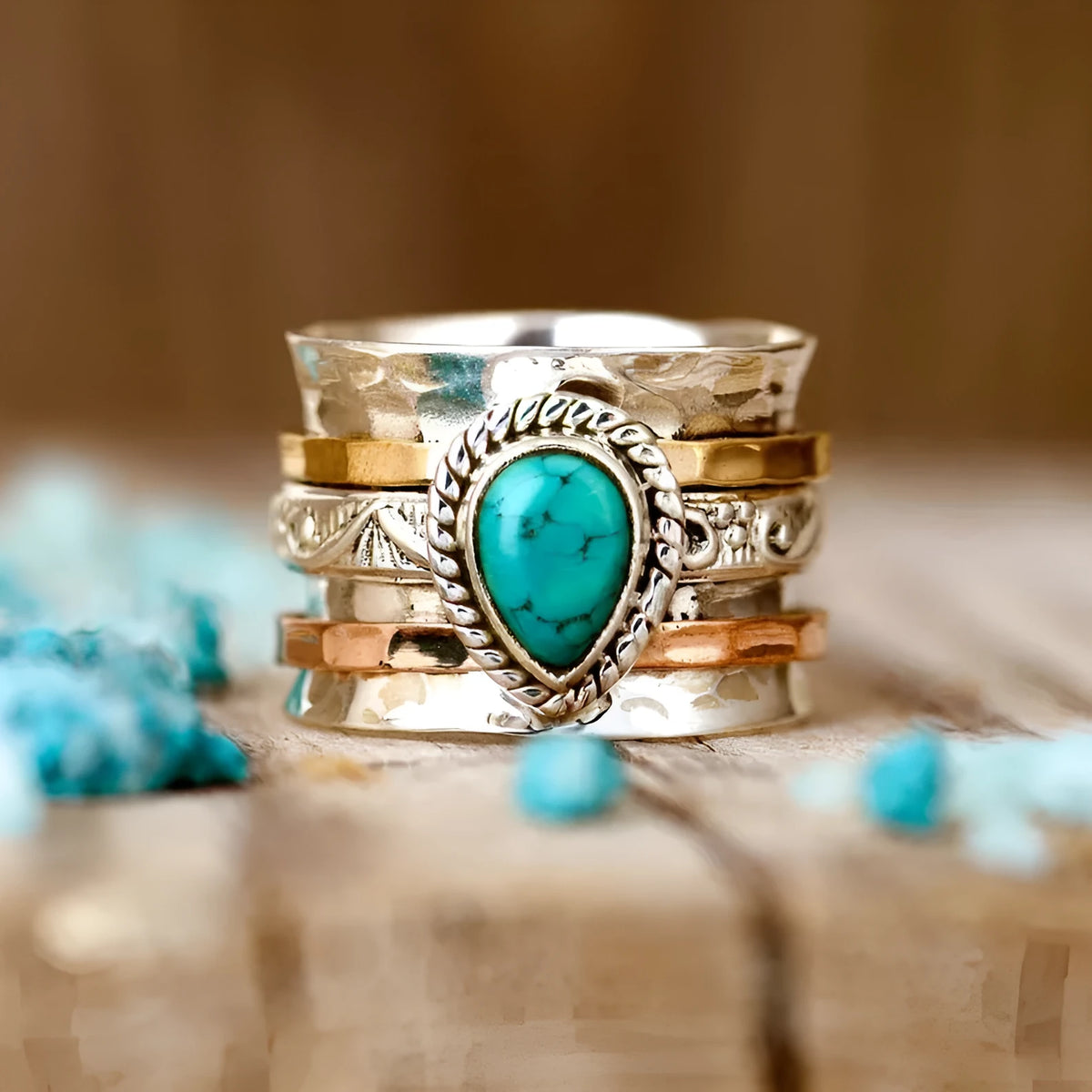 Retro green pine three-colour electroplated alloy ring showing adjustable sizing options