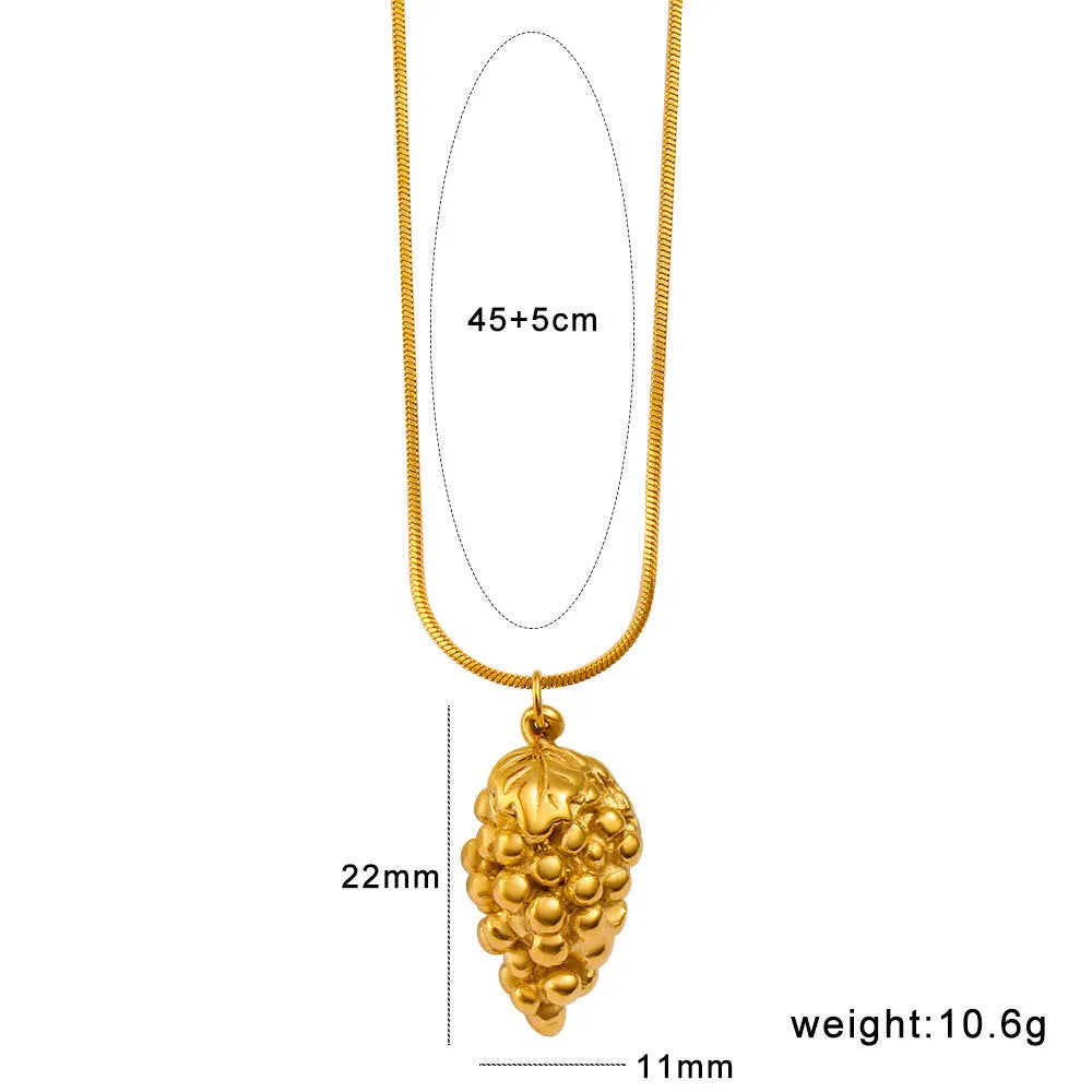 Stainless steel fruit necklace pendant with six design options including apple, grape, watermelon shapes on 40-45cm chain