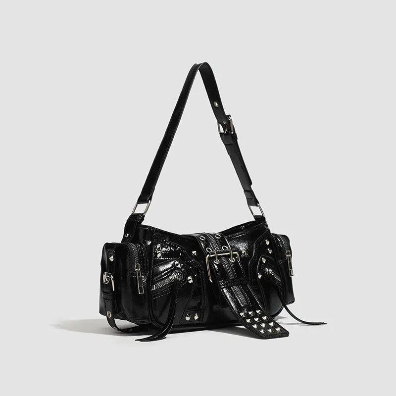 Black dumpling-shaped retro women's shoulder bag with a front pocket and organiser interior.