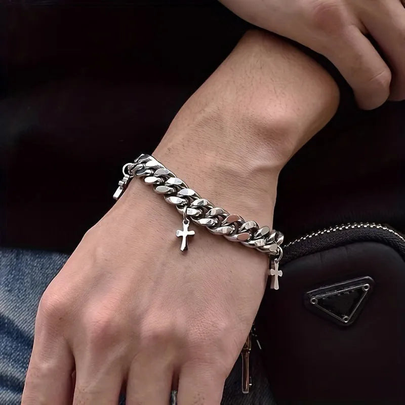 Men's bracelet in a cold wind style featuring a geometric cross design crafted from titanium steel, suitable for daily wear as a simple and personal accessory for men.
