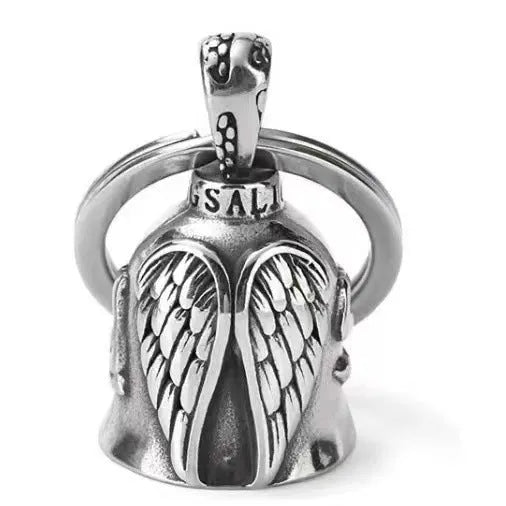 Vintage silver-tone angel wings feather keychain and necklace on a white background.
