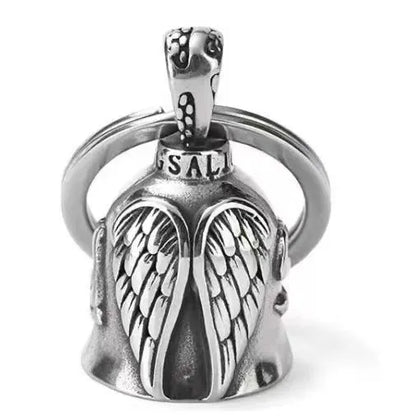 Vintage silver-tone angel wings feather keychain and necklace on a white background.