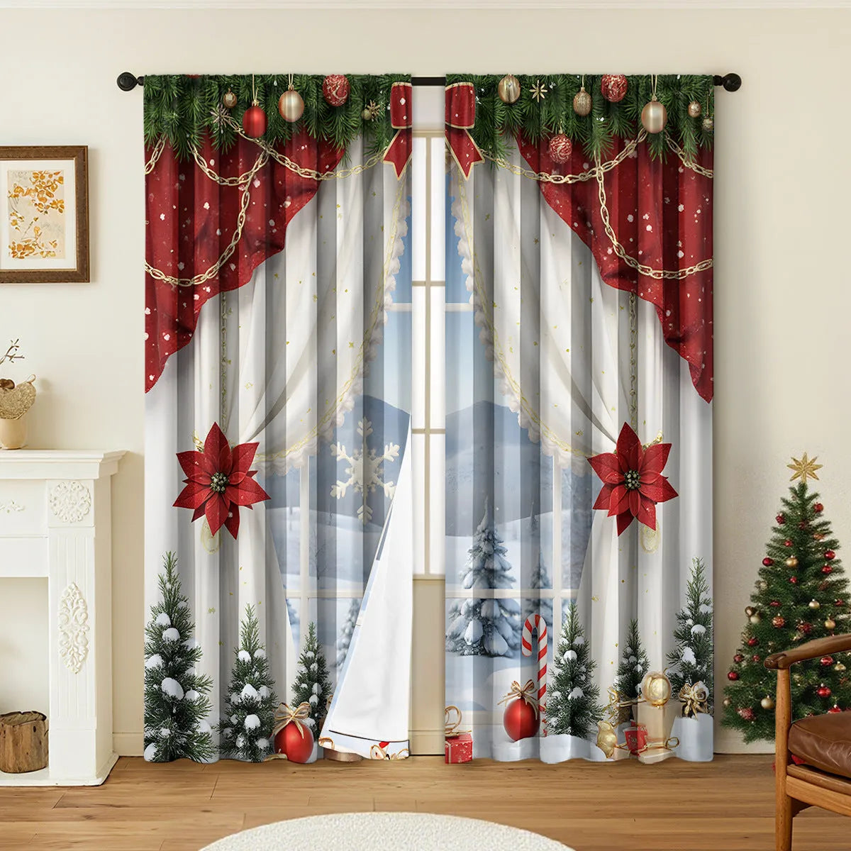 Pair of 3D digitally printed Christmas pattern curtains hung on a window.