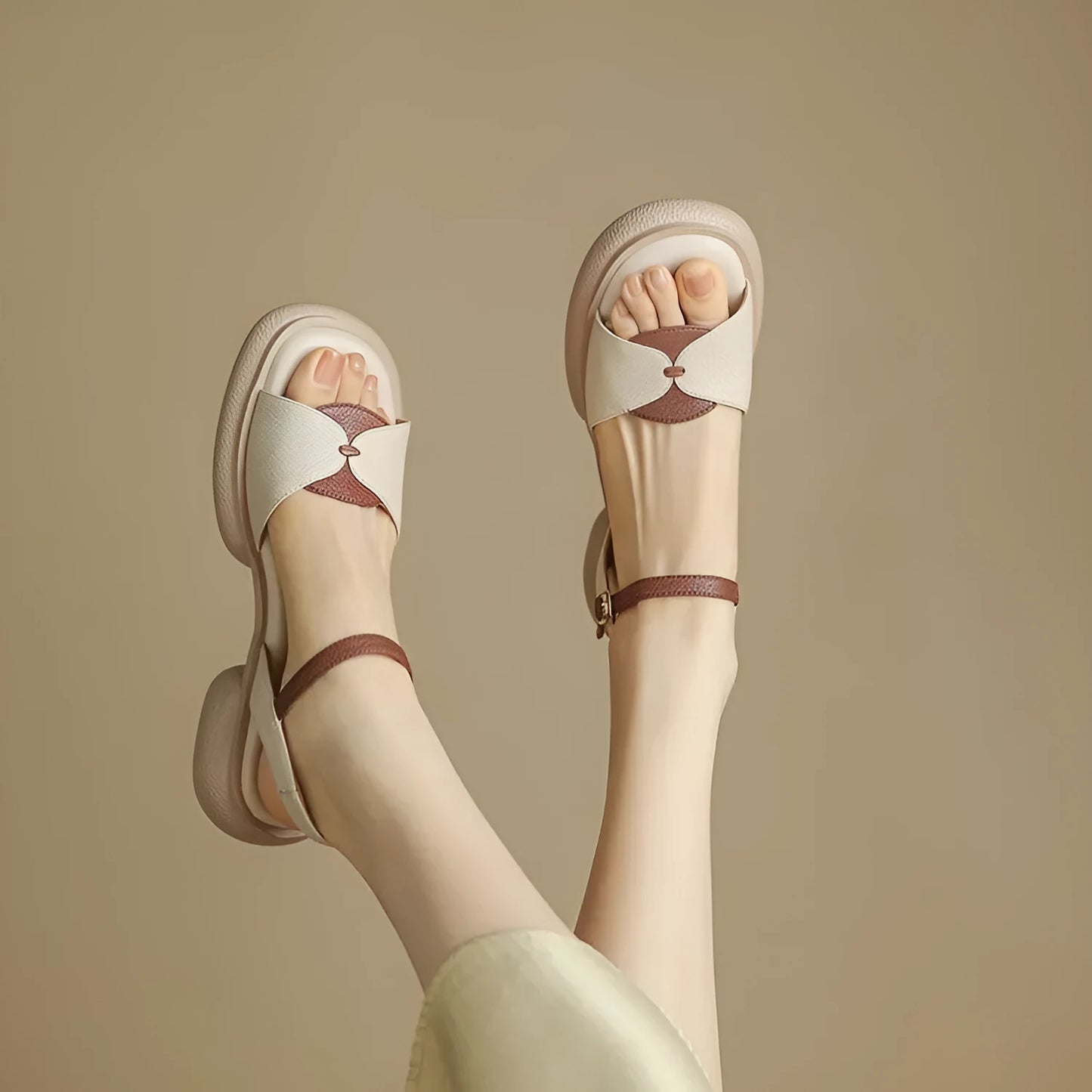 Beige women's chunky heel platform sandals with an open toe and rubber sole.