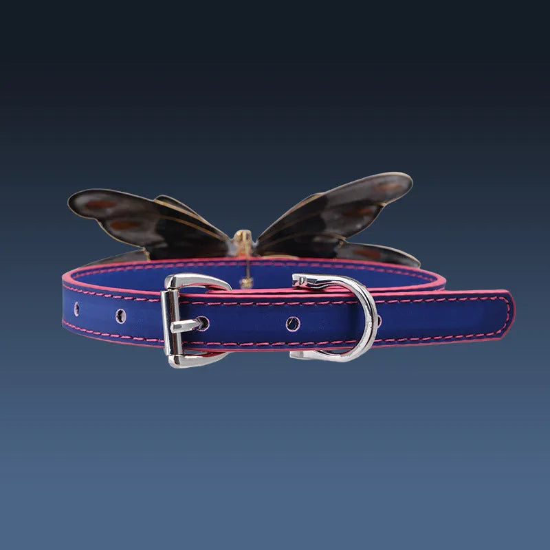 Purple colour-change butterfly rhinestone collar on an alloy chain, showing insect modelling.