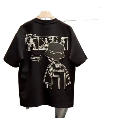 Men's black cotton short sleeve t-shirt with a cartoon print, showing crew neck and straight cut.