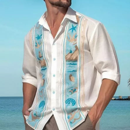 Men's casual long sleeve shirt with unique totem print, available in multiple colors and sizes.
