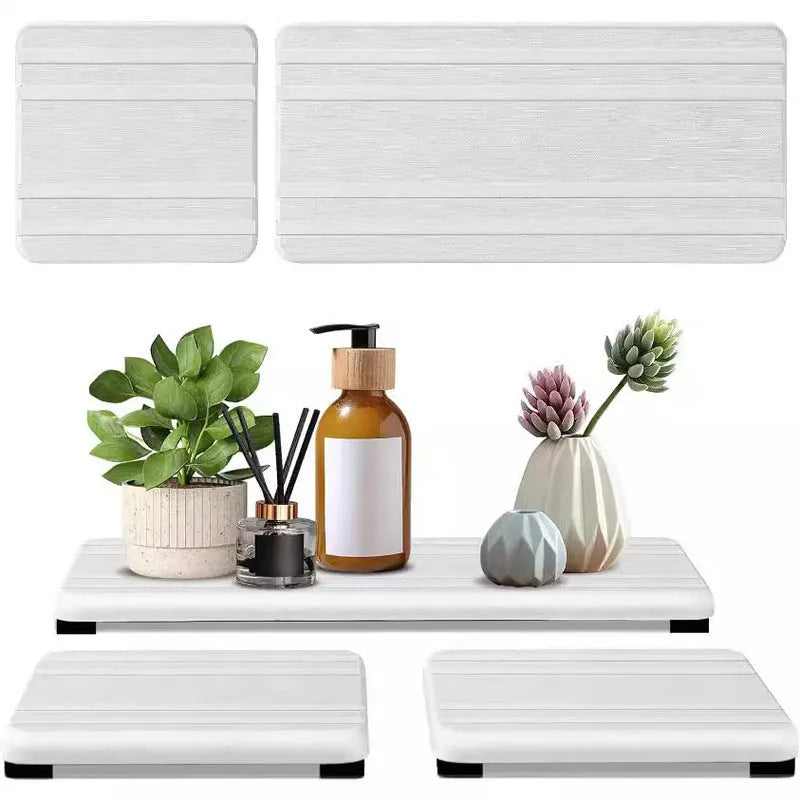 Bathroom countertop water draining pad drying mat set of three modern diatom oil squares with quick-draining properties for sink sides and shower ledges available in dark grey light grey or white colours in 20x10cm or 21x10cm sizes