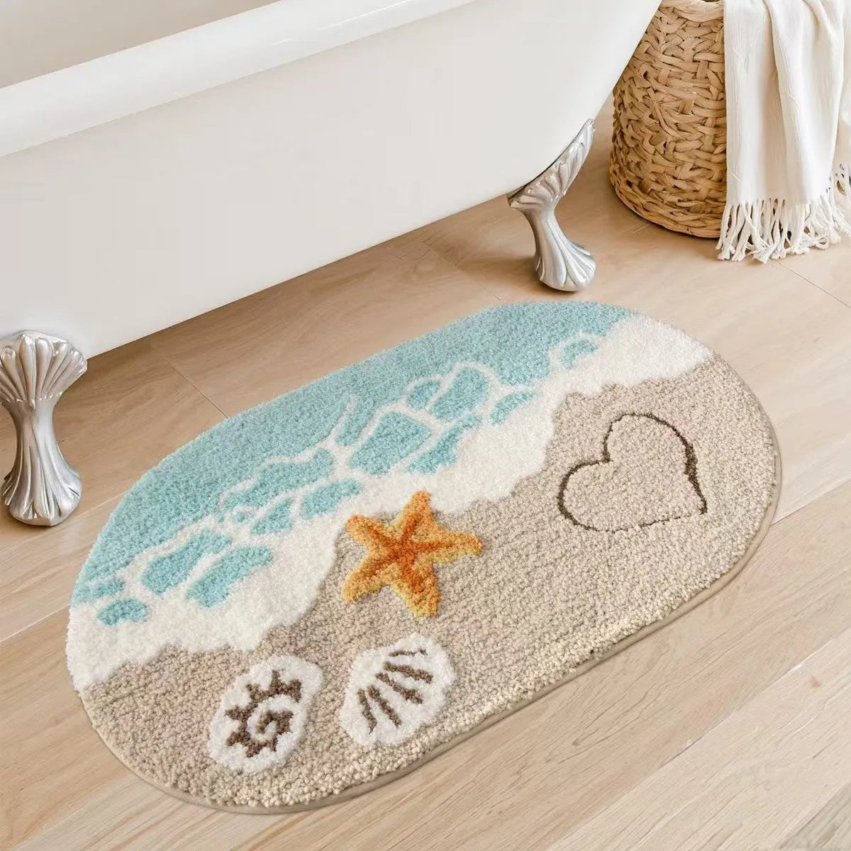 Cashmere carpet floor mat with plastic bottom in Sky Sea colour showing rainbow pattern, square shape with flat construction