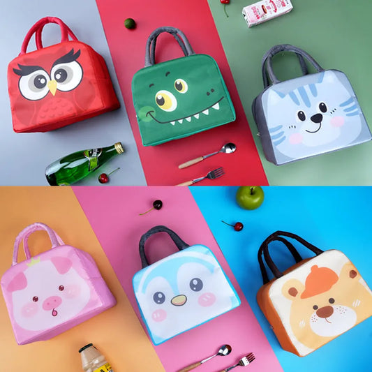 Children's insulated lunch box bag with cartoon design, aluminium foil insulation, Oxford cloth exterior, dimensions 23×18×12cm