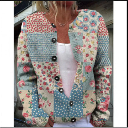 Women's long sleeve cardigan coat with a colourful digital print pattern, open front design