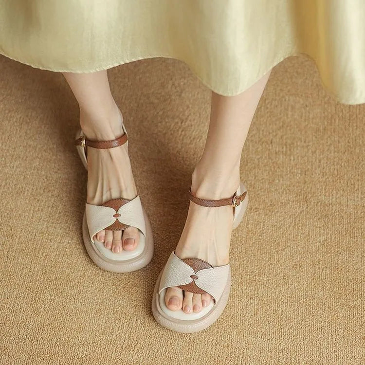 Beige women's chunky heel platform sandals with an open toe and rubber sole.