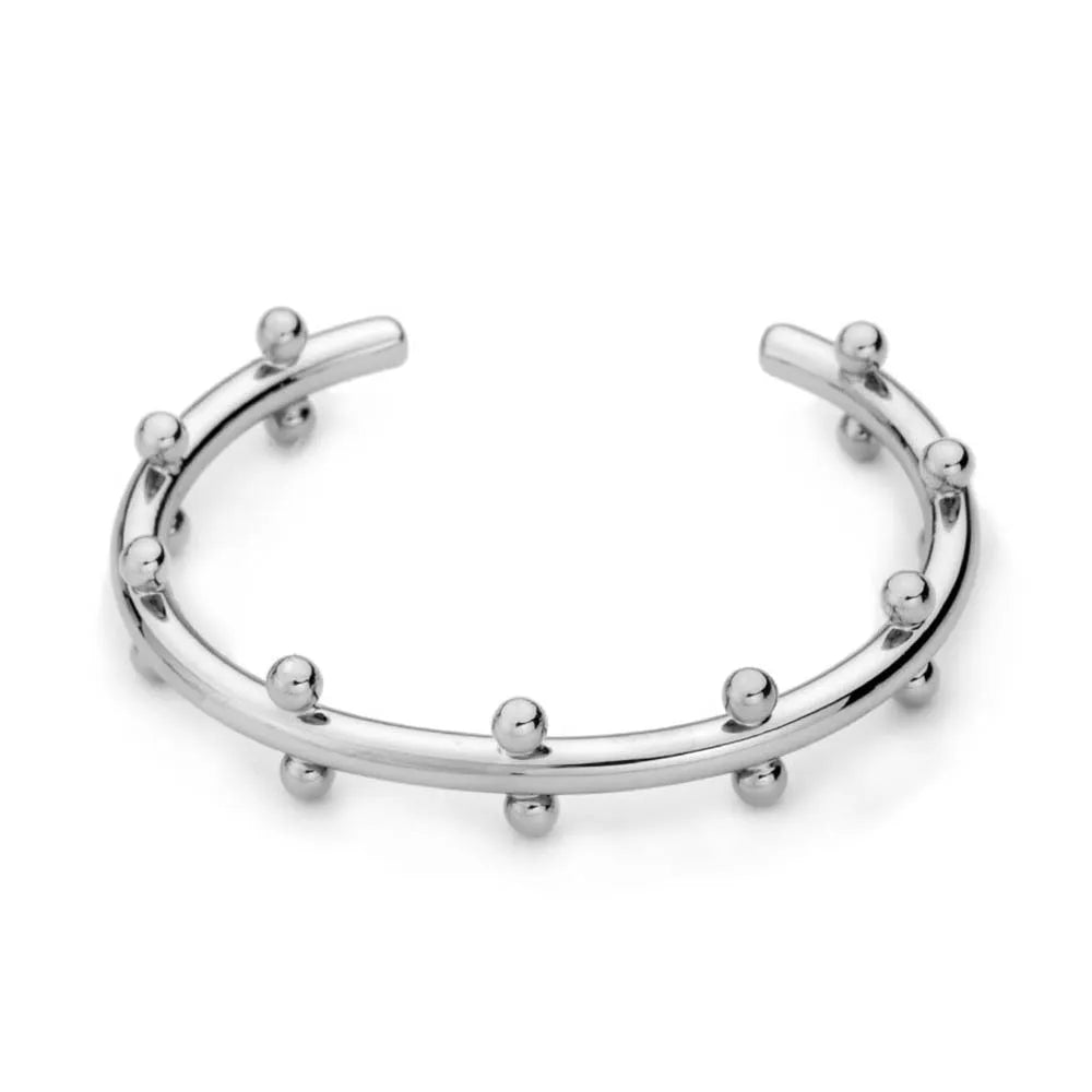 C-shaped stainless steel bracelet with textured rivets and bean beads in gold finish