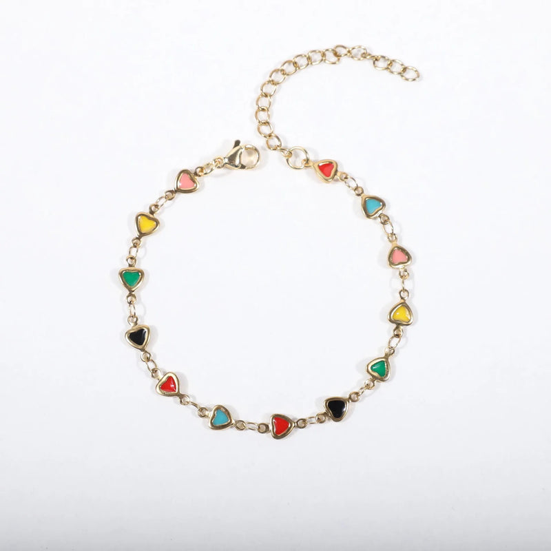 Unisex stainless steel bracelet with 18K gold vacuum plating in heart shape design available in multiple colours including black, white, royal blue, red, and black-red combination with 17+5cm adjustable length for versatile all-matching style