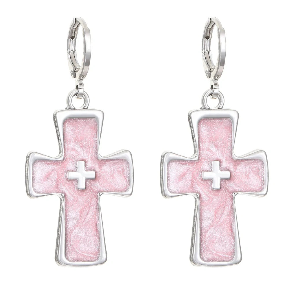 Women's geometric cross earrings with dripping oil treatment on 1.5cm pendant