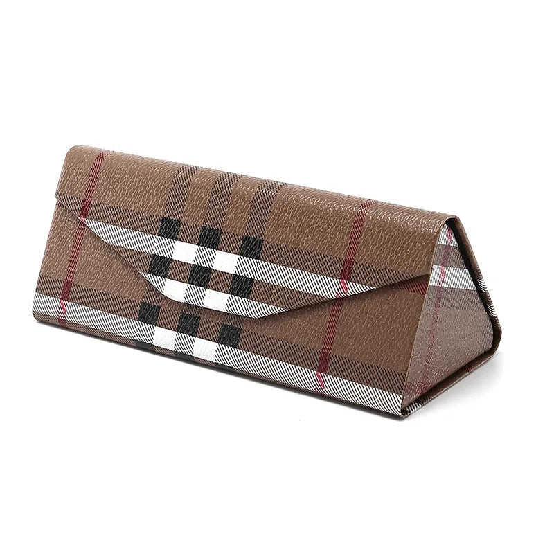 Handmade triangle folding PU cowhide glasses case in multiple colours measuring 160x66x16mm