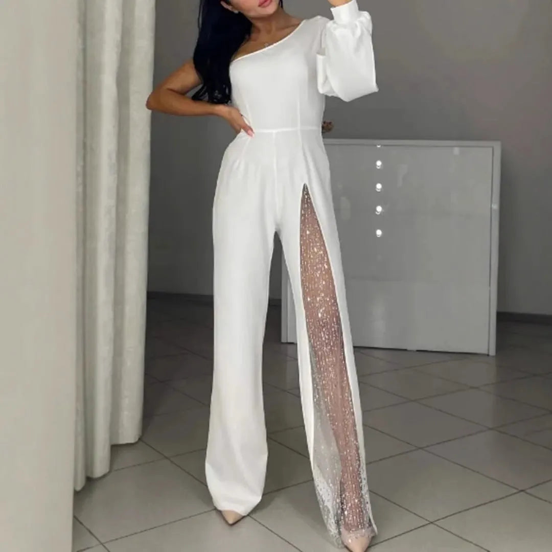 Women's polyester jumpsuit with oblique shoulder and high slit in black, wine red, white, or dark blue